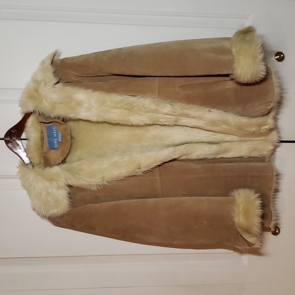 Nine West Womens Tan Real Leather Suede w/ Cream Faux Fur Lined Coat Size Large